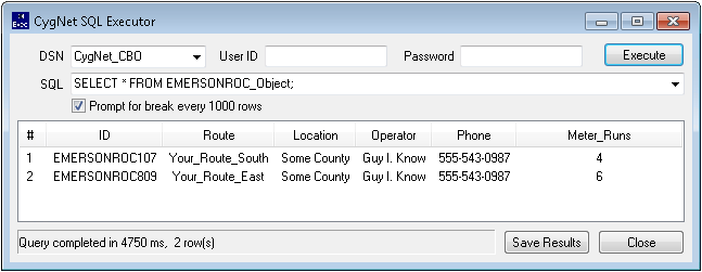 CygNet SQL Executor table example
